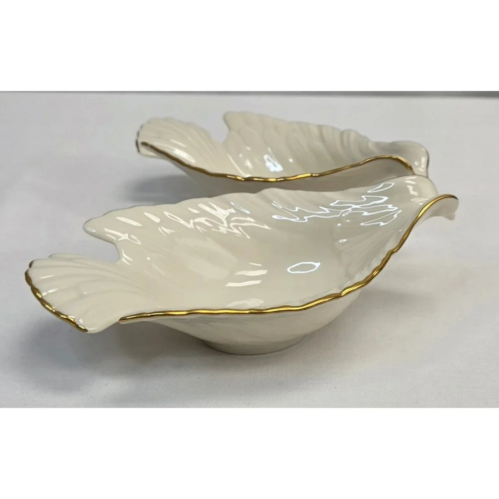Lenox Bird Dove Nut Candy Dish Set 2 Ivory Bone China 24K Gold Trim USA Made